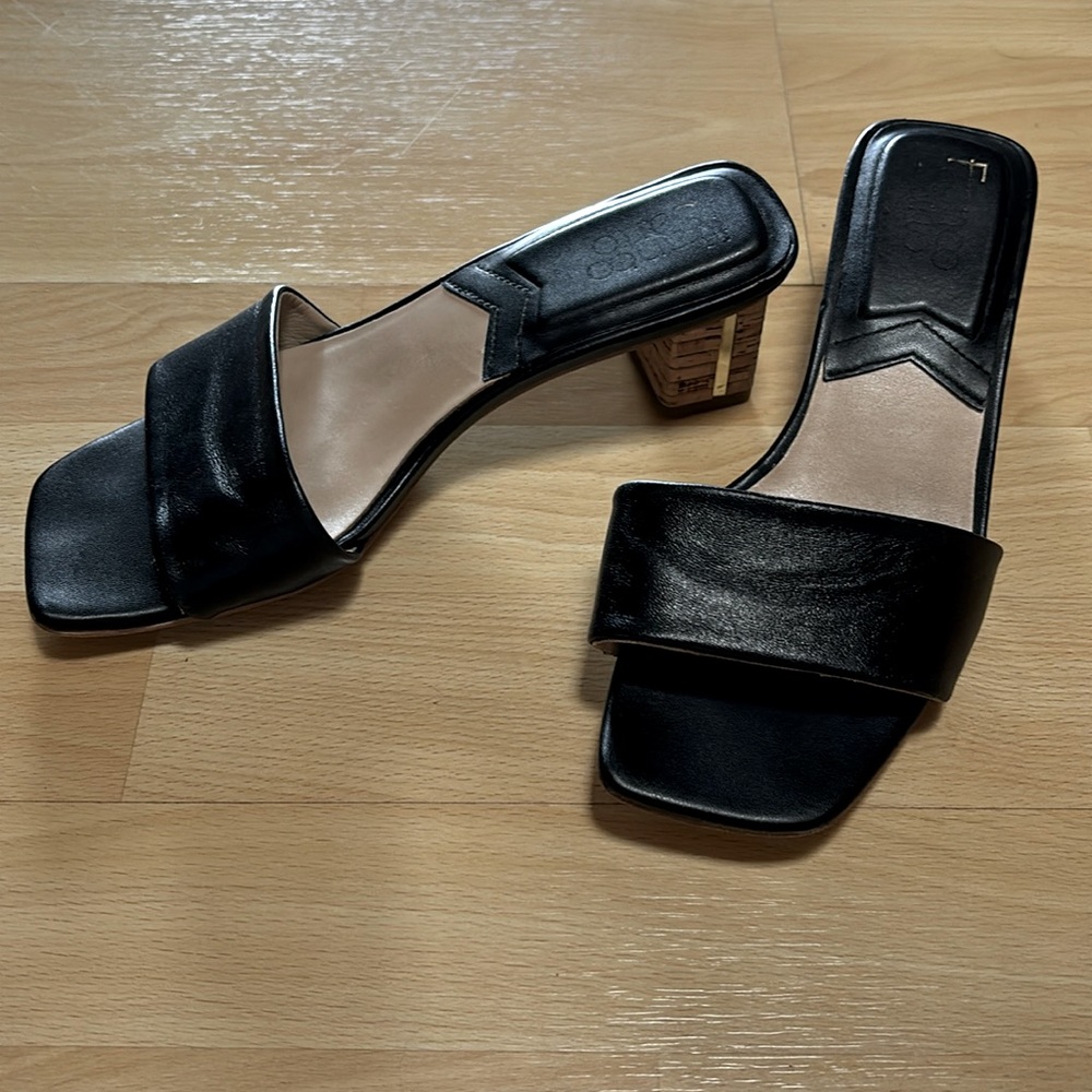 Franco Sarto Cruella Slide Sandals Womens 7 Black Leather Block Heels Shoes